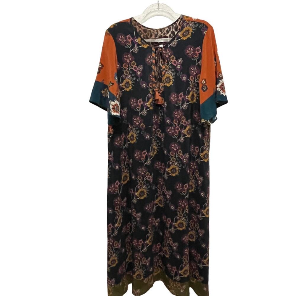 Johnny Was Silk Dress Women XL Flutter Sleeve Patchwork Boho Mixed Print Beauty